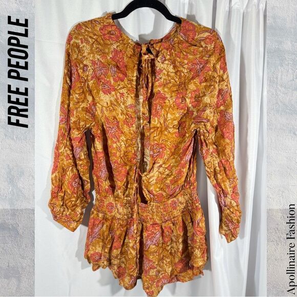 FREE PEOPLE DANCE TILL DAWN ROMPER IN ORANGE FLORAL PRINT XS TP NWOT - Picture 5 of 8